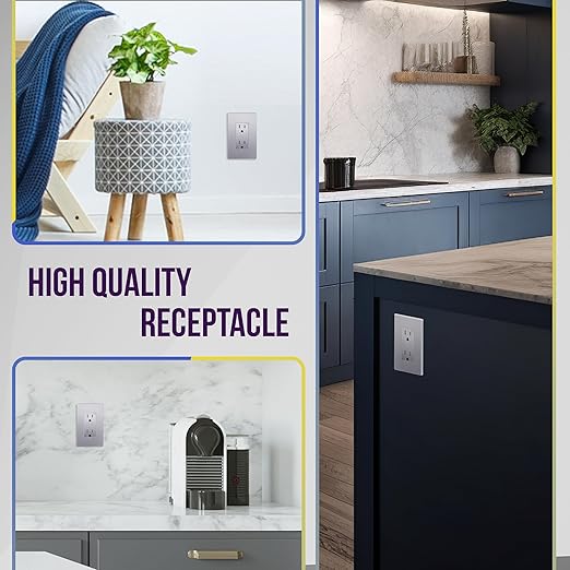 ENERLITES Elite Series Decorator Receptacle, Child Safe Tamper-Resistant Outlet, Self-Grounding, Residential Grade, 15A 125V, UL Listed, 61501-TR-SVWP, Silver with Wall Plate