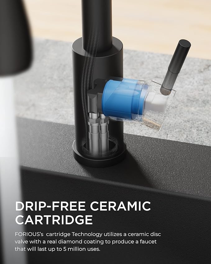 FORIOUS Black Kitchen Faucet with Pull Down Sprayer, High Arc Single Handle Classic Stainless Steel Sink Faucet 1 or 3 Hole, Suitable for Farmhouse Camper Laundry Rv Bar