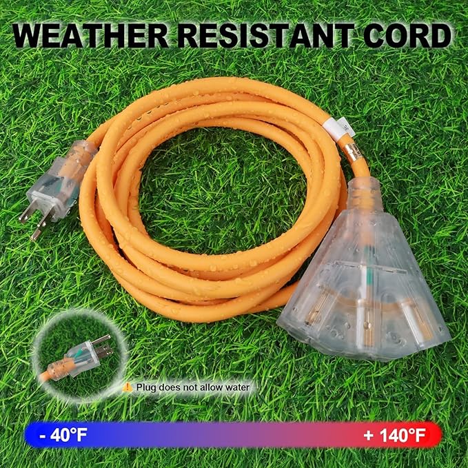 EP 50 Ft 14/3 SJEOW Heavy Duty Outdoor Extension Cord, Yellow 3-Outlet Power Cable with LED Lighted Plug, Water-Resistant for Indoor/Outdoor Use, Lawn, Garden, Appliances & Tools