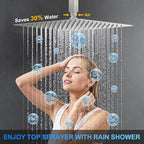 Shower Faucet Set, 12" Ceiling Mount Rainfall Shower System with 2 Rain Shower Head and Multi-function Handheld Head Push Button Diverter Shower Faucet Trim Kit (12", Brushed Nickel)