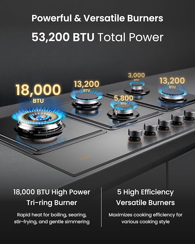 FOTILE GLG36501-Y 36” Moonshadow Grey Anti-glare Tempered Glass 5-Burner Gas Cooktop, Tri-Ring 18,000 BTUs Left Burner with Flame Failure Protection Removable Grates and Installation/LP Kit