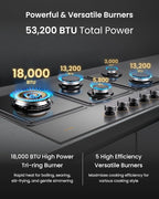 FOTILE GLG36501-Y 36” Moonshadow Grey Anti-glare Tempered Glass 5-Burner Gas Cooktop, Tri-Ring 18,000 BTUs Left Burner with Flame Failure Protection Removable Grates and Installation/LP Kit