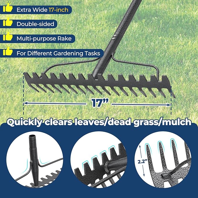 49“-77” Adjustable Rake, 17" Extra Wide Double-Sided Lightweight Head Garden Rake | Lightweight & Unbreakable | Level Soil, Remove Leaves, Spread Mulch Fast, Leaf Cleanup, Landscaping, Yard Cleanup