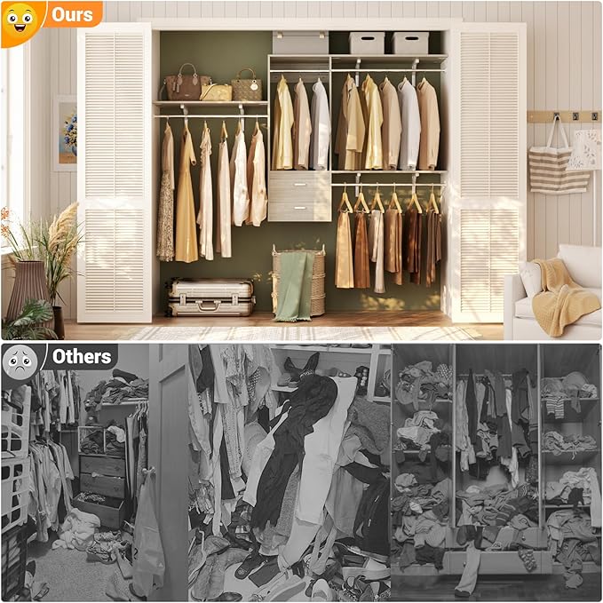 Cyclysio 8 FT Hanging Closet Organizer, 96 Inch Closet Organizer and Storage with 4 Adjustable Rods and 3 Shelving Towers, Wardrobe with Drawers for 4-8FT Spaces(Cut-to-Fit), Oak