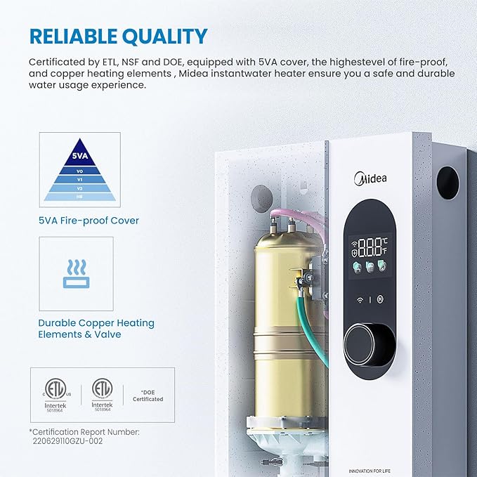 Midea 18KW Electric Tankless Water Heater, Touch Control, Wi-Fi Control, LED Display, Child Mode, 240 Volts with Automatic Power Modulation, On-demand Hot Water, White