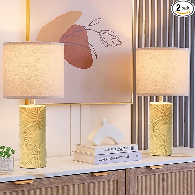 20.75" Ceramic Table Lamps for Living Room Set of 2, Yellow Flower Lamps for Bedroom Set of 2, Ceramic Bedside Lamp for Nightstand, Farmhouse Rustic Table Lamp for Home Decor