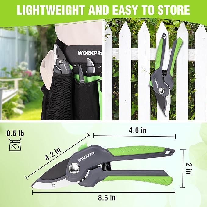 WORKPRO 8.5" Anvil Pruning Shear, Heavy Duty Garden Scissors & Clippers with Labor-Saving Design, Handheld Gardening Shears with Ergonomic Handle for Thick Branch Trimming