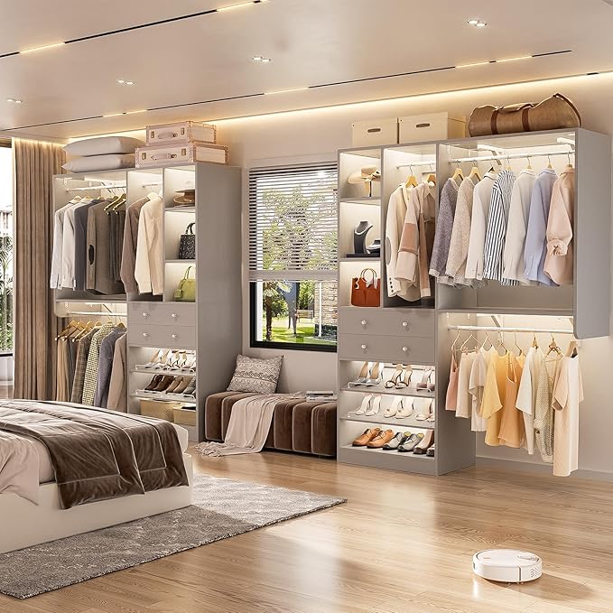 10FT Closet System with 4 Drawers, 120" Closet Organizer System with 6 Hanging Robs & Reversible Hanging Shelving, Closet Systems for Walk-in Closets, Load 2000+LBS, Morandi Grey 2 Pack