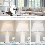 Table Lamps for Living Room Set of 2, Coastal White Bedside Lamps for Bedroom with USB A+C Outlet Modern Resin 3-Color Temperature Nightstand Lamp for End Table (Bulbs Included)