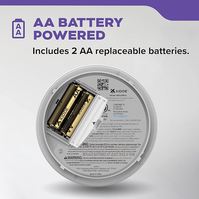 Kidde Smoke & Carbon Monoxide Detector, AA Battery Powered, Voice Alerts, LED Warning Light Indicators, 30CUDR-V