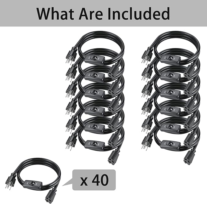 262FT（6.56FT*40） Black Extension Cord with Switch On/Off, 3 Prong Grounded Plug, Insulated & Flame Retardant,125V 375W Indoor Power Cord, UL Listed