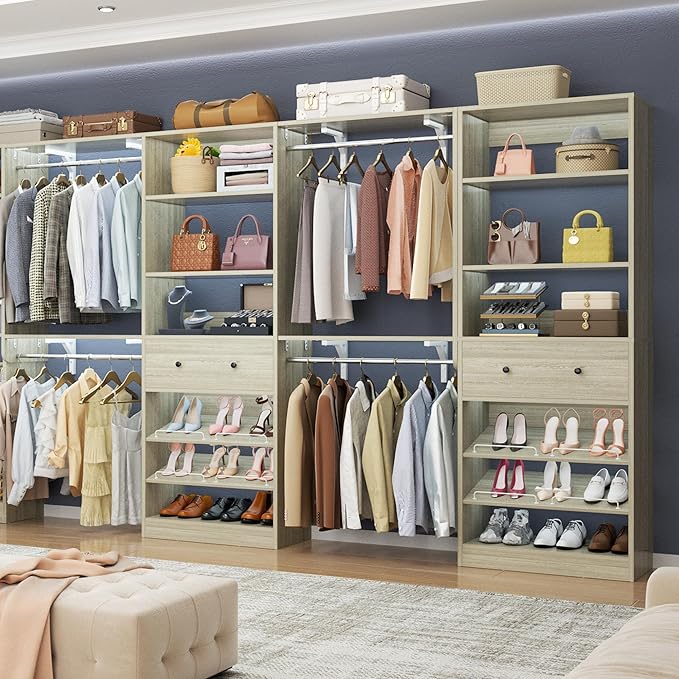 [10 FT Closet System] Reversible Set of 2 Wood Closet Organizer System with 2 Drawers, 4 Hanging Rods Adjustable Shelf, Walk In Closet Organizers with Shoe Rack, Garment Rack Clothes Rack, White Oak