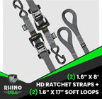 Rhino USA Ratchet Straps Heavy Duty Kit (2-Pack) - 1.6 Inch x 8 Feet (5,208lb Break Strength) - Ultimate Tie Down Straps with Safety S Hooks for Trucks, ATV, UTV, Motorcycle, Cargo & More - Gray