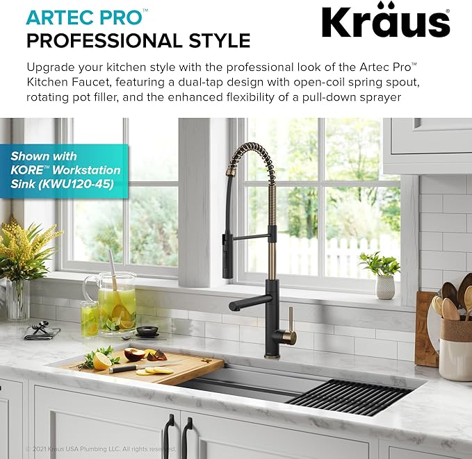 KRAUS Artec Pro Commercial Style Pull-Down Single Handle Kitchen Faucet with Pot Filler in Spot Free Antique Champagne Bronze/Matte Black, KPF-1604SFACBMB
