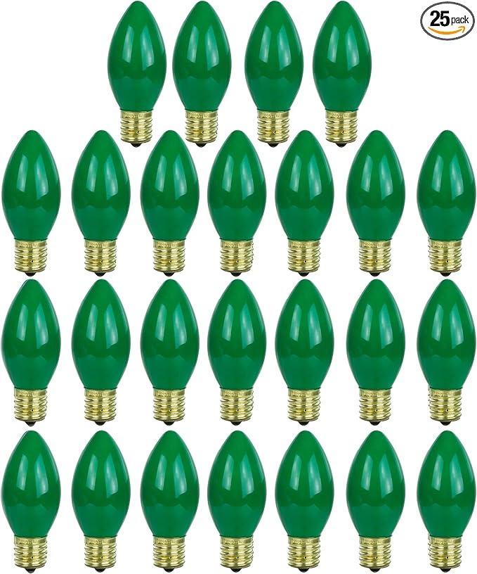 Sunlite 01295-SU Incandescent C9 Colored Bulbs, Holiday Decorative Bulb 7 Watts, E17 Intermediate Base, Christmas-Lights Nightlight, Title 20 Approved, Green, 25 Count