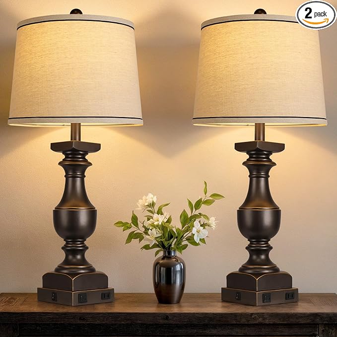 28'' Farmhouse Bedside Lamps Set of 2, Black Gold Table Lamps for Nightstand, Desk Lamps with Linen Shades, Table Lamps with USB A+C Port, Nightstand Lamps for Bedroom, Rocker Switch, Bulb Included