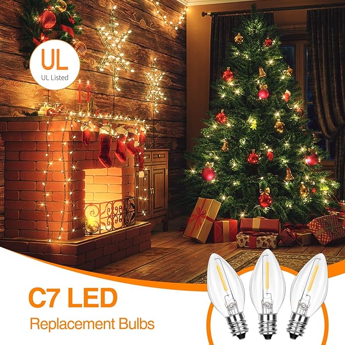 C7 Replacement Bulbs, 25 Pack Clear Warm White LED Christmas Light Bulbs, E12 Candelabra Base, Commercial Grade for Outdoor Halloween String Lights, Holiday Party Décor