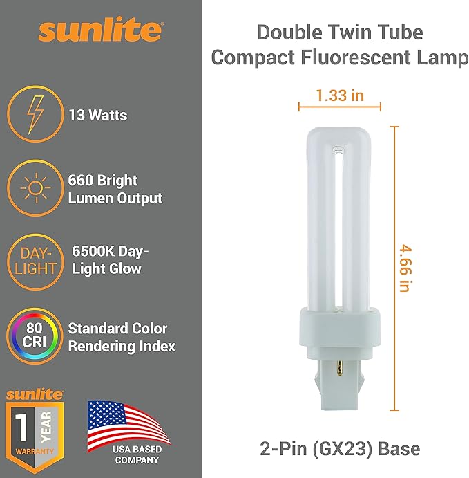 Sunlite 40543 PLD13/SP65K/10PK Double Twin Tube Compact Fluorescent Lamp, PLD 2-Pin, 13 Watts, 660 Lumens, 6500K Daylight, 2-Pin (GX23-2) Base, 10 Pack