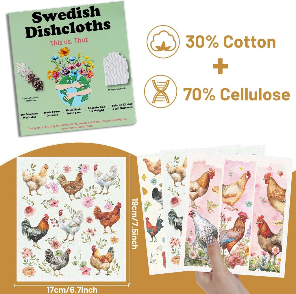 Swedish Dishcloths for Kitchen, 6PCS Chicken Rooster Swedish Dish Cloths Gift Set, Farm Reusable Washable Absorbent Dish Towel for Home Cleaning(7.8 X 7 Inches)