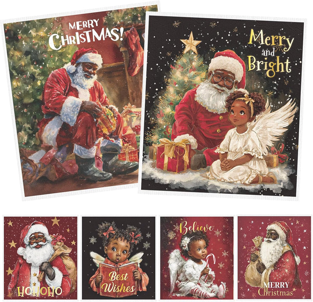 Christmas Swedish Dishcloths for Kitchen, 6PCS Black Girl and Santa Swedish Dish Cloths Gift Set, Reusable Washable Absorbent Dish Towel for Xmas Home Cleaning(7.8 X 7 Inches)
