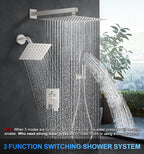 Shower Faucet Set, 12" Wall Mount Rainfall Shower System with 2 Rain Shower Head and Multi-function Handheld Head Push Button Diverter Shower Faucet Trim Kit, Brushed Nickel