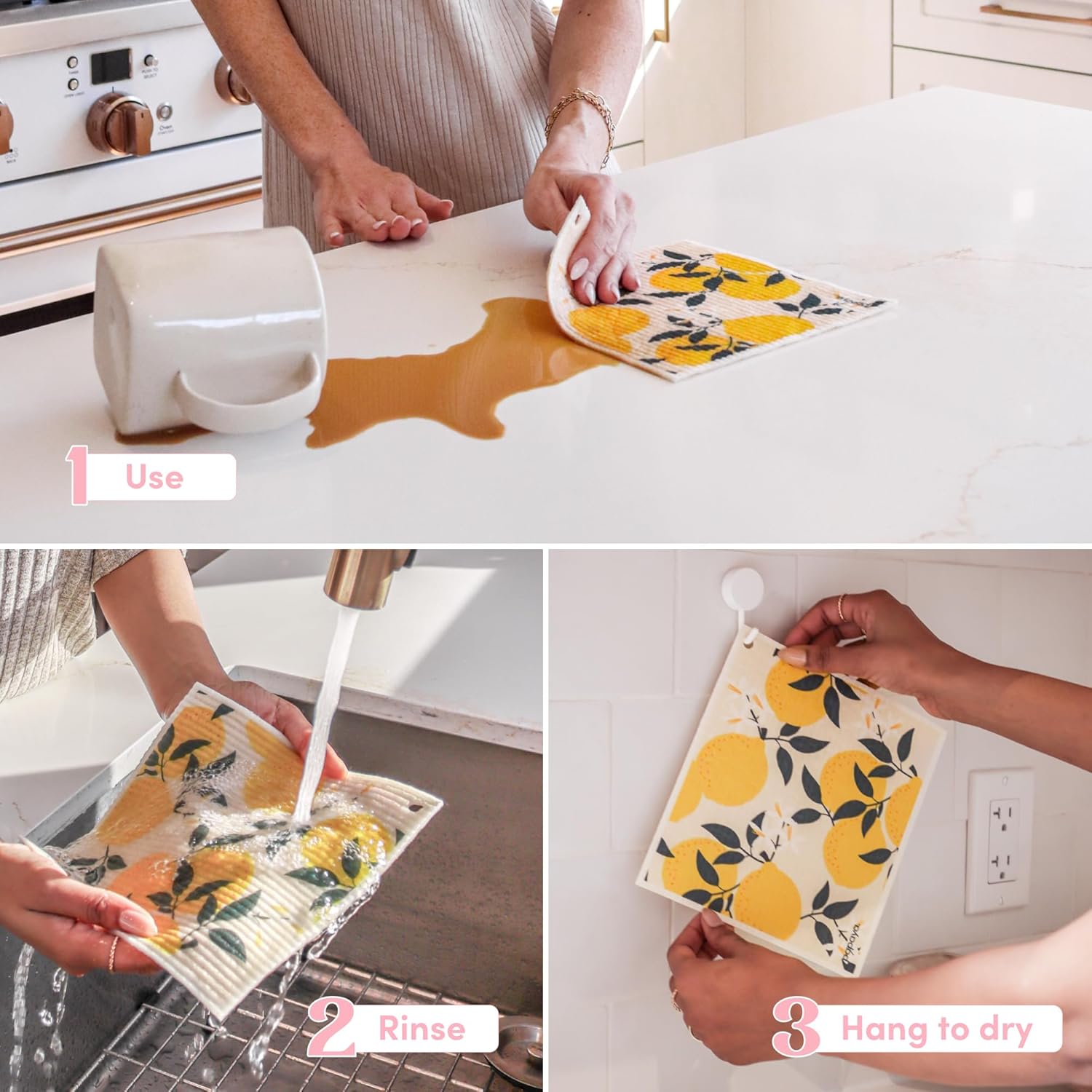 Papaya Reusable Paper Towels, Premium Swedish Dishcloths, Washable Reusable Dish Cloths, 1 Sheet Replaces 17 Rolls, Eco Friendly Stocking Stuffer - 4 Sheets, 2 Hooks