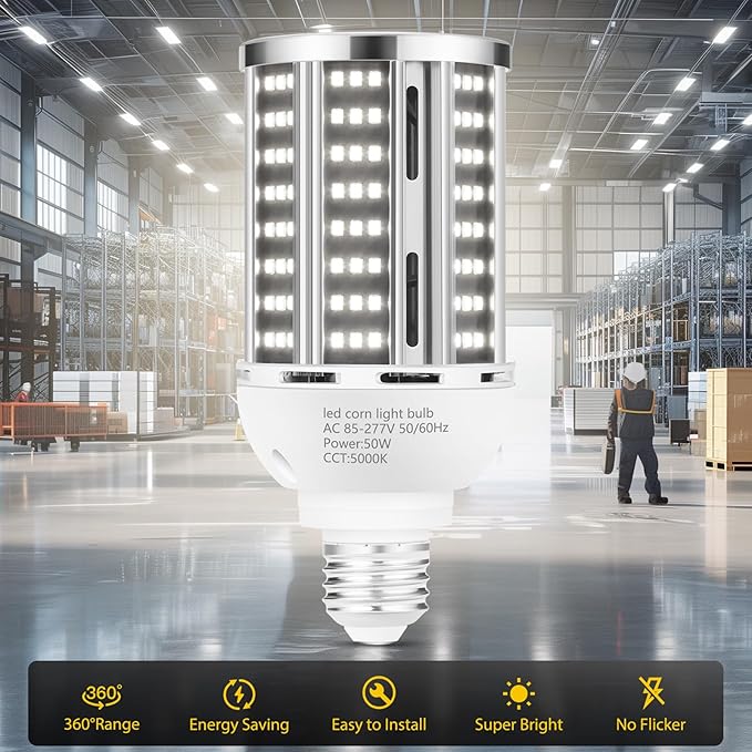 50W LED Corn Light Bulb(6 pack),5000K (500W Equivalent ) Commercial Grade Daylight E26/E39 6500LM Medium Mogul Base LED Lamp,Large Area Lights For Outdoor Indoor Garage Warehouse Factory Bay Light