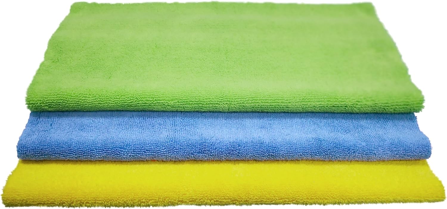 POLYTE Microfiber Cleaning Towel Ultrasonic Cut Edgeless (16x16, 24 Pack, Premium, Blue,Green,Yellow)