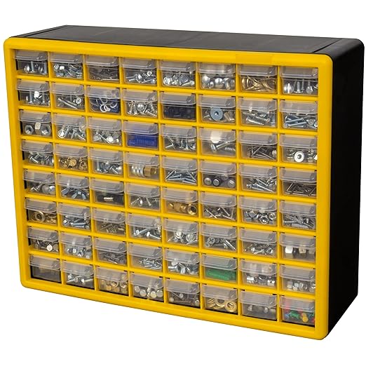 Akro-Mils 64-Drawer Plastic Drawer Storage Cabinet for Garage Organization, Bead Organizer, Building Bricks Storage, Teacher Toolbox, Makeup Organizer, 20-Inch W x 6-Inch D x 16-Inch H, 10164 Yellow