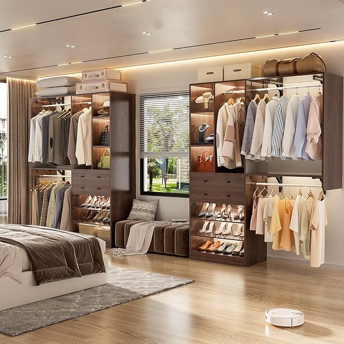 Closet System - 5FT Small Closet System with Drawers, 60" Closet Organizer System with Reversible Hanging Shelving, Closet Systems for Small/Walk-in Closets, Black Walnut