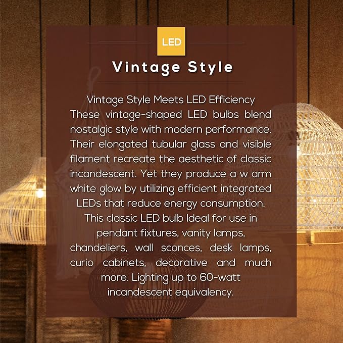 T10 7.3 Inch LED Bulb 6W (60W Equivalent) 2700K Warm White Edison Light Bulb 600lm Dimmable Long Tubular E26 LED Bulb for Rustic Pendant, Industrial Pipe, Wall Sconces, Chandeliers (4-Pack)