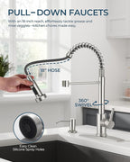 FORIOUS Kitchen Faucet with Soap Dispenser, Burhsed Nickel Stainless Steel Single Handle Modern Spring Commercial Sink Faucet with Pull Down Sprayer for Laundry & Utility Room RV Camp Bar Farmhouse