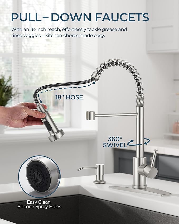FORIOUS Kitchen Faucet with Soap Dispenser, Burhsed Nickel Stainless Steel Single Handle Modern Spring Commercial Sink Faucet with Pull Down Sprayer for Laundry & Utility Room RV Camp Bar Farmhouse