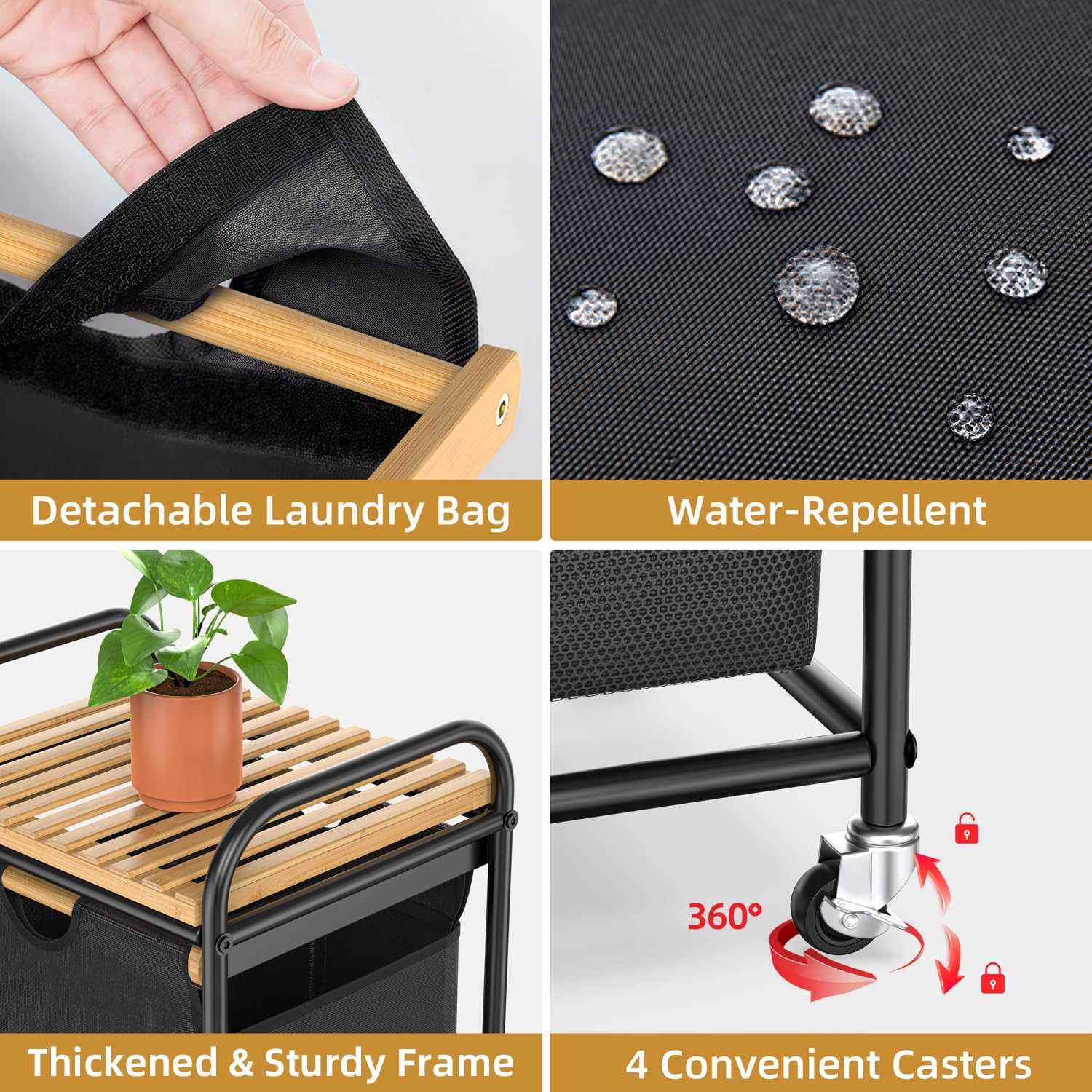 Laundry Hampers 1 Section, Laundry Sorter with Removable Shelf and Pull-Out Bags, Clothes Hampers with Wheels Rolling Cart Basket for Laundry Room Bathroom, 50 L (Black)