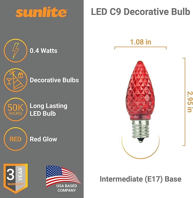 Sunlite 80707 LED C9, Holiday Decorative Light Bulb, 0.4 Watts, E17 Intermediate Base, Faceted Christmas-Lights; Nightlight, Red, 6 Count