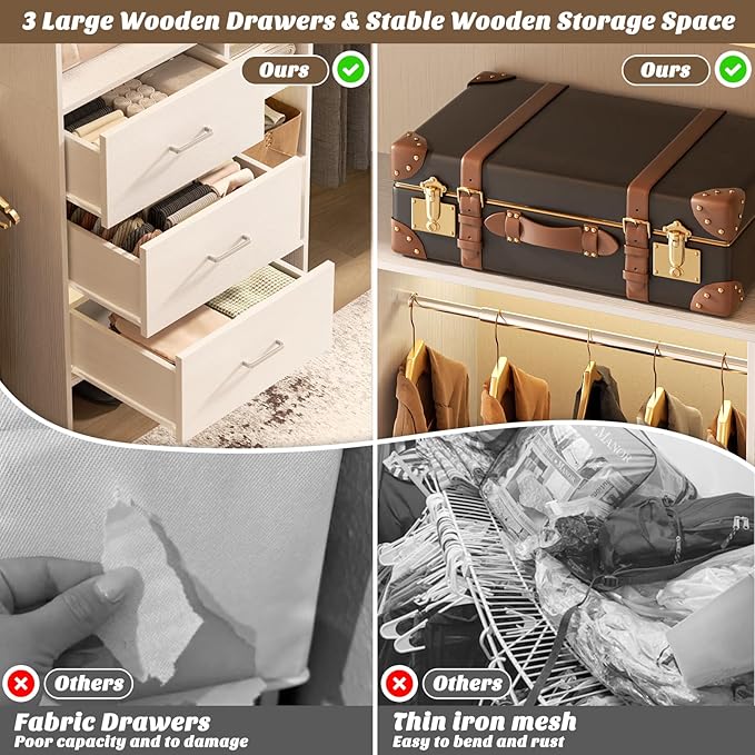 Aheaplus Closet System, Closet Organizer with 3 Wooden Drawers, 8FT Closet Organizer System, 96’’ Walk-in Closet Wardrobe Clothes Rack with Hanging Rods, Garment Rack, Fits 5.3-9 ft, -W3,White