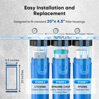 PUREPLUS 4.5"x 20" 3-Stage Whole House Water Filter Cartridge Combo Kit with Sediment, KDF & Granular Activated Carbon, and Activated Carbon Block Filter - 5 Micron Water Filtration Replacement Kit