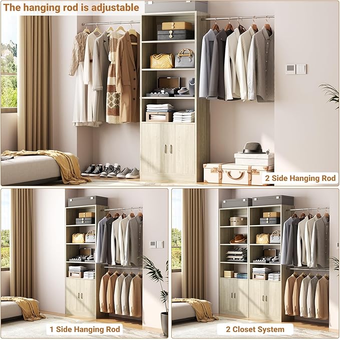 8FT Closet System, 96 Inch Closet Organizer System with Hanging Rods, Heavy Duty Clothing Rack with Cabinet, Walk In Mounted Closet System, Built-In Clothes Garment Rack, Oak