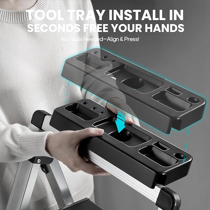 XinSunho 5 Step Ladder, Aluminum Folding Stool with Retractable Handrails & Tool Tray, Anti-Slip, Sturdy Lightweight, 330lbs Safety for Kitchen Indoor Outdoor