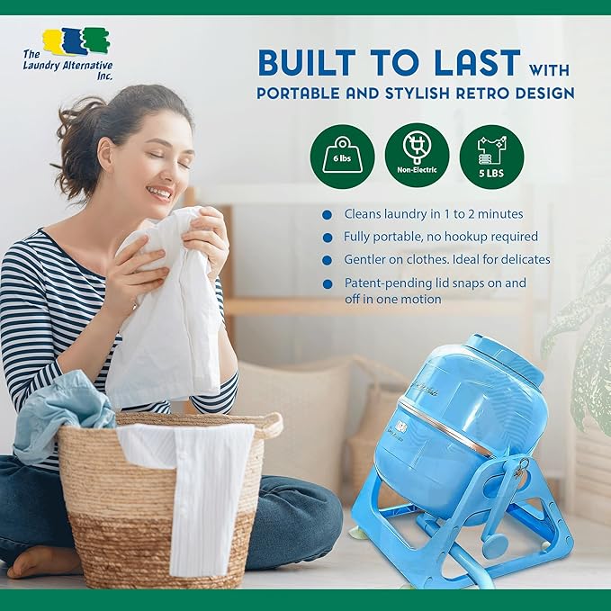 WonderWash Portable Washing Machine for Apartment & Tiny Spaces - Manual Hand Clothes Washer with Retro Design - Clean Laundry Anywhere with Our Countertop, Non-Electric, Small Washer - Blue
