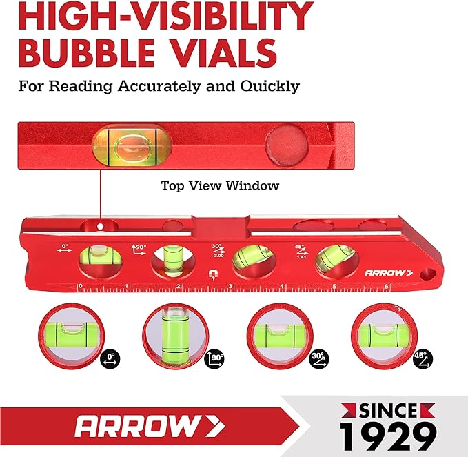 ARROW 8-Inch Torpedo Level, Magnetic Level Tool with 0°/30°/45°/90° Bubbles, Top-view Windows, Aluminium Alloy Frame, Dual Metric and SAE Scales