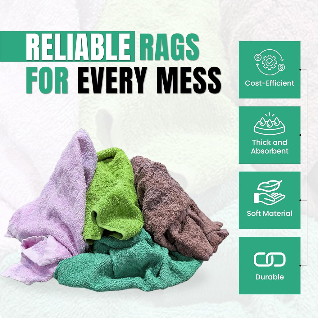 Recycled Color Terry Cloth Rags (10 lbs. Box) - Super Absorbent Cotton Towel Cleaning Rags for Garage, Shop Rags, Industrial Use & Housekeeping - Shop Rags Bulk