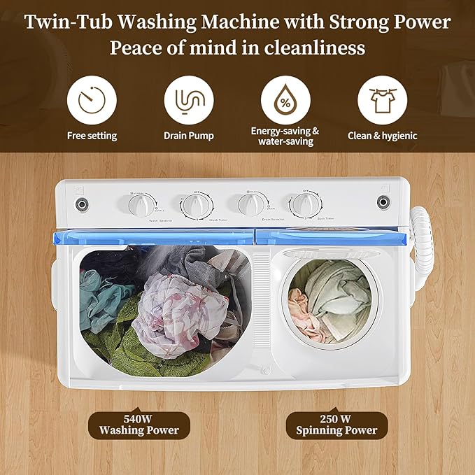 VCJ Portable Washing Machine, Twin Tub Washing Machine Laundry Compact Washer spinner Combo with 40lbs capacity, 24Lbs Washer and 16Lbs Spinner dryer for Apartments RVs and Dorms