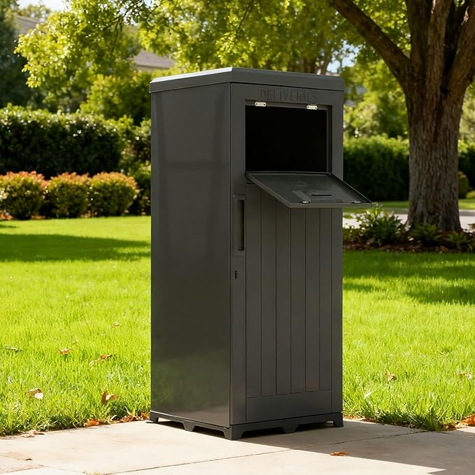 Package Delivery Box for Outside, Large Parcel Drop Box, Lockable Waterproof Resin Anti-Theft Outdoor Package Mailbox with Secure Storage for Porch, Curbside, House & Office Deliveries