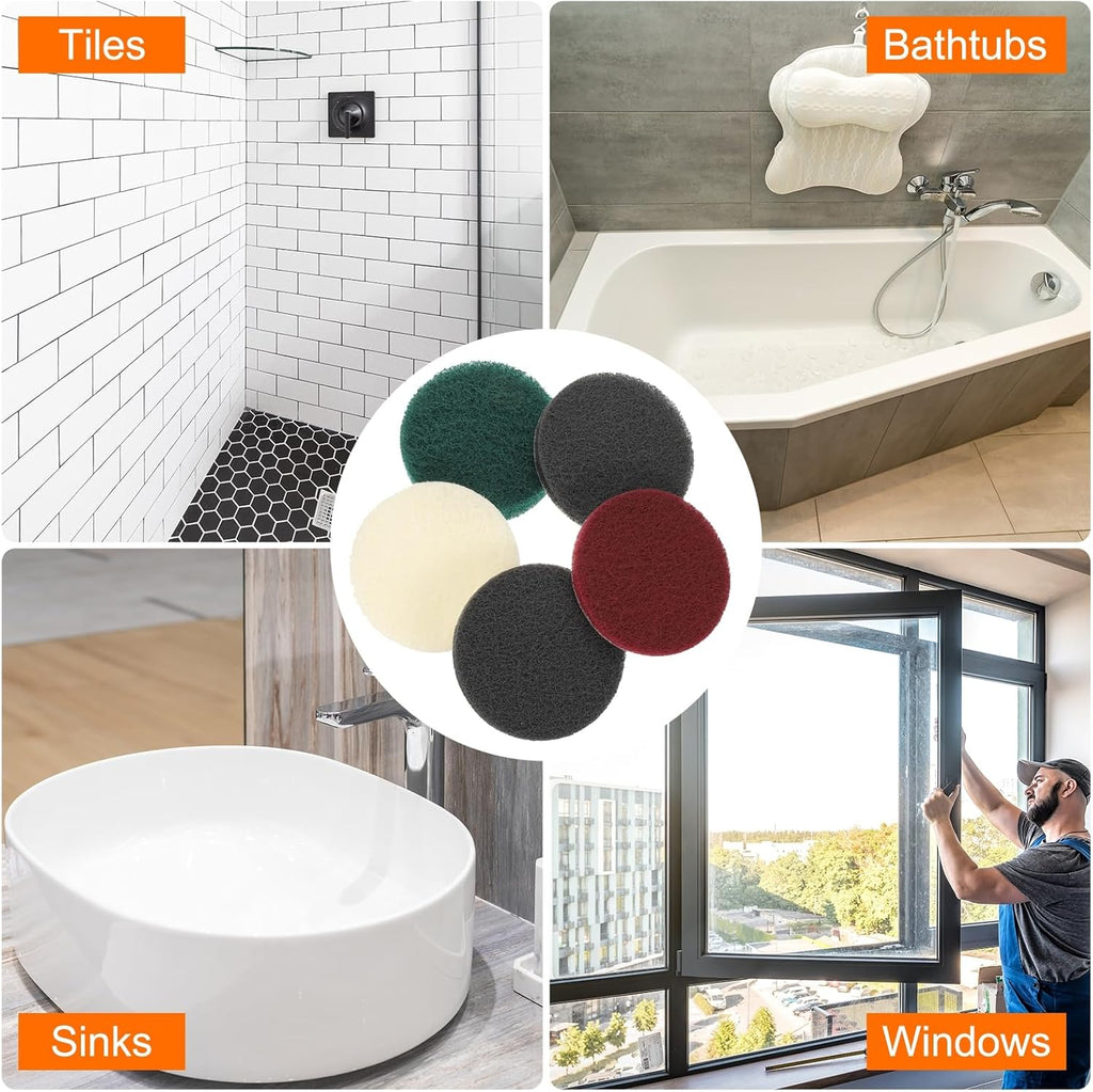 HARFINGTON 4pcs Scrubber Scouring Pads 180 400 800 1200 Grits 3 Inch Drill Power Brush Hoop and Loop Surface Conditioning Disc Drill Scuffing Disc Scrub Pads for Kitchen Cleaning, 4 Colors