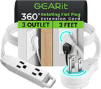 GEARit 360 Rotating Flat Plug Extension Cord (3ft, White) Multi 3-Outlet Extension 16 AWG Wire, Adapter for Small Spaces, Right Angle Socket, ETL Certified - 3 Feet