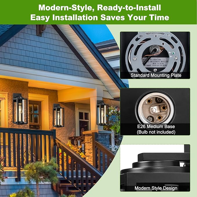 20inch Large Outdoor Wall Lights - 2 Packs Modern Black Exterior Light Fixture with Clear Glass Shade, Waterproof Porch Lighting for House, Farmhouse Sconces Lantern for Front Door, Garage