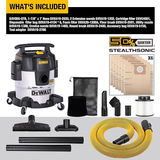 DEWALT 5 Gallon 4 HP STEALTHSONIC Shop Vacuum Wet and Dry DXV05S-QTB Ultra Quiet Stainless Steel Wet/Dry Vacuum Cleaner with Powerful Suction for Garage, Jobsite, and Workshop