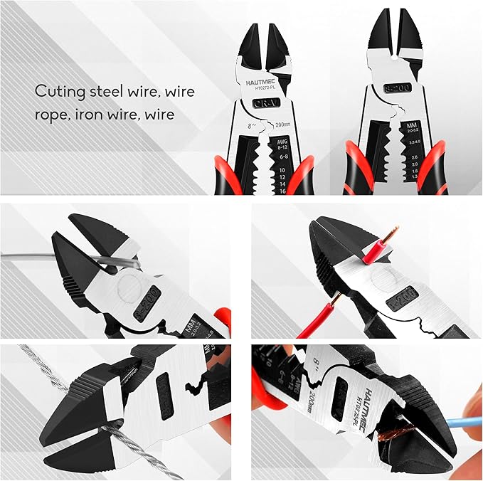HAUTMEC 8" Diagonal Cutting Pliers, 4 in 1 Multifunction Side Cutters Pliers with Pro-High Leverage, CRV Steel Heavy Duty Wire Diagonal Cutters for Electricians, Mechanics & DIY, HT0272-PL