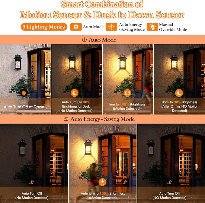 2 Packs Motion Sensor Outdoor Wall Lantern, Dusk to Dawn Outdoor Lighting, Black Porch Lights Fixture & Outside Wall Mount with Rippled Glass, Exterior Sconce Light for Front Patio Garage Entryway